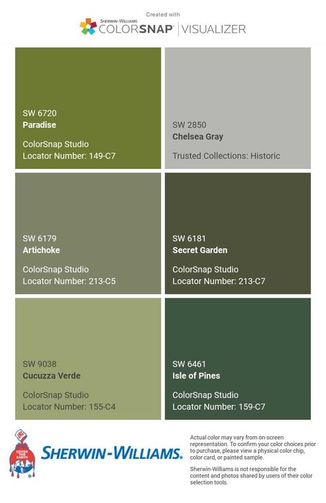 I just created this color palette with the Sherwin-Williams ColorSnap® Visualizer app on my Android phone. What do you think? You can learn more about ColorSnap Visualizer and get it on your phone free by visiting http://getcolorsnap.com. Sherwin Williams Secret Garden, Zelda Room, Paint For Kitchen Walls, Chelsea Gray, Clayton Homes, Kitchen Walls, Kitchen Paint, Exterior Decor, Home Reno