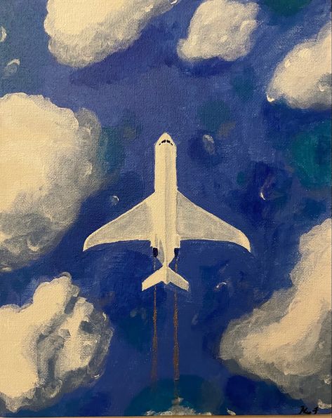 Acrylic plane paining soaring in the sky with a gold trail surround by fluffy clouds Beautiful View Painting, Travel Oil Painting, Plane Watercolor Painting, Plane Spotting Aesthetic, Paper Airplane Painting, Travel Drawing Aesthetic, Acrylic Realistic Painting Ideas, Travel Acrylic Painting, Plane Aesthetic Drawing