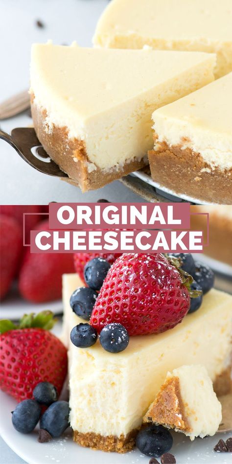 slice of cheesecake being from cheesecake pan Original Cheesecake Recipe, Recipe For Cheesecake, Original Cheesecake, Perfect Cheesecake Recipe, Cheesecake Recipes Philadelphia, Cheescake Recipe, Cheesecake Recipes Classic, Ganache Recipe, Classic Cheesecake