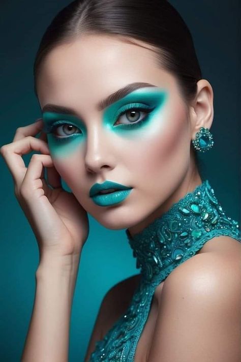 Teal Glam Makeup, Green And Blue Makeup, Hemp Cosmetics, Teal Eyeliner, Turquoise Makeup, Teal Eyeshadow, Teal Makeup, Seasonal Makeup, Red Lipstick Matte