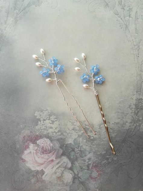 Blue Hair Pins, Bridesmaid Headpiece, Hair Clip Flower, Copper Wire Art, Ball Ideas, Flower Headdress, Floral Hair Pins, Wedding Headdress, Fairy Hair