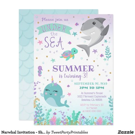 Narwhal Invitation, Narwhal Birthday Party, Sea Themed Birthday Party, Mermaid Shark, Narwhal Party, Shark Invitation, 3rd Birthday Party For Girls, Dolphin Party, Under The Sea Birthday Party