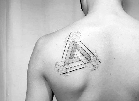 Geometric Shoulder Blade Male Tattoo With Penrose Triangle Design Penrose Tattoo, Penrose Triangle Tattoo, Triangle Tattoo Design, Penrose Triangle, Blade Tattoo, Shoulder Blade Tattoo, Optical Illusion Tattoo, Mens Shoulder Tattoo, Triangle Tattoos