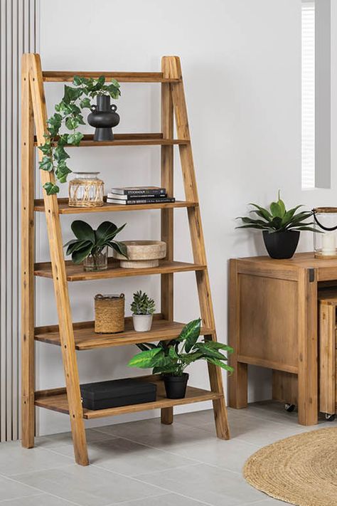 4 Tier Wooden Shelf, Wooden Furniture Photography, Book Shelf Living Area, Plant Station, Diy Ladder Shelf, Plant Ladder, Styling 101, Ladder Shelves, Jungle Bedroom