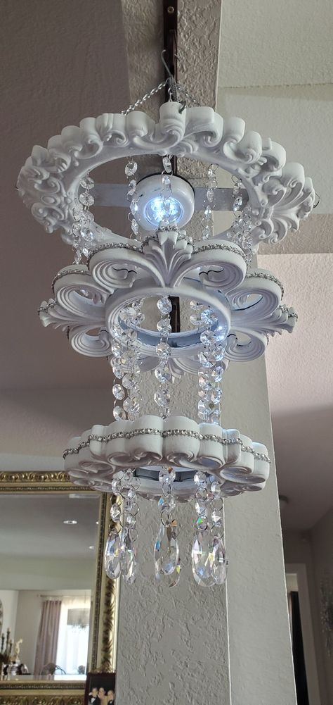 Dollar Tree Mirror Ideas, Chandelier Diy Crystal, Dollar Tree Mirrors, Dollar Tree Frames, Dollar Tree Centerpieces, Chandelier Centerpiece, Glam Lighting, Glamour Decor, Shabby Chic Home Decor