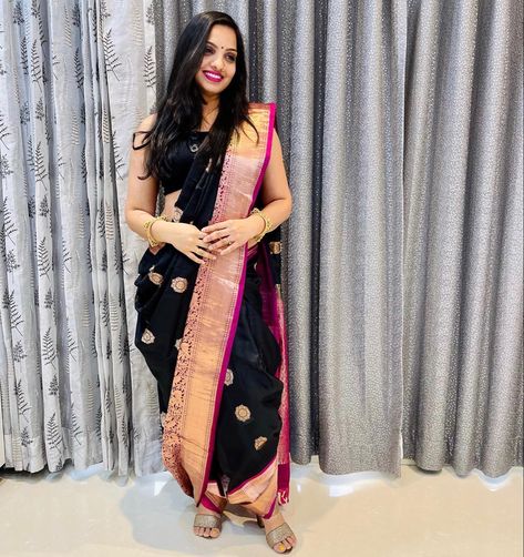 Makar Sankranti Special- dhoti style in black saree #blacksaree #dhotisaree #dhotistyle #blackforsankrant #makarsankranti #makarsankranti2021 #makarsankrantispecial #dhotidrape #maharashtrianlook #saree #maharashtriansaree #sareelove #sareedraping #sareedrape #dhotidrape #sareeforsankranti #silksarees #blacksilksaree #puresilk Black Saree For Makar Sankranti, Black Saree For Sankranti, Makarsankranti Black Saree Look, Sankranti Saree Look, Makar Sankranti Black Saree Look, Cotton Saree Draping, Dhoti Style Saree, Saree Draping Ideas, Style Saree Draping