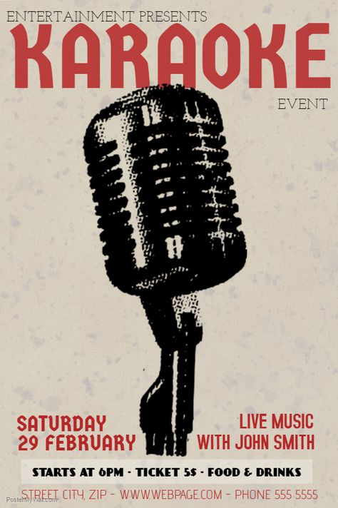 Vintage poster flyer social media post template - Retro 90s Karaoke Poster. Open Mic Poster, Karaoke Poster, Event Poster Template, Open Floor Concept, Karaoke Bar, Open Mic Night, Custom Flyers, Karaoke Party, Party Flyer Template