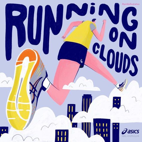 Running on clouds Running Graphic Design Illustrations, Fun Run Poster, Running Graphic Design, Triathlon Poster, Pickle Illustration, Running Shoes Outfit, Grass Photoshop, Character Running, Running Poster