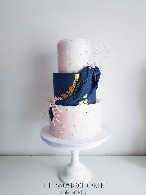 Blush and navy wedding cake with torn wafer paper by The Snowdrop Cakery Girlie Birthday Cakes, Navy Wedding Cake, Marbled Cake, Blush And Navy Wedding, Navy Cakes, Wedding Cake Navy, Sweet Bar, 18th Birthday Cake, Wafer Paper