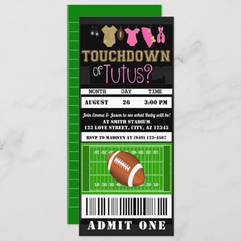 Touchdown or Tutus Football Ticket Gender Reveal Invitation Touchdown Or Tutus, Gender Reveal Football, Touchdowns Or Tutus Gender Reveal, Tutu Invitations, Football Gender Reveal, Baby Gender Reveal Party Decorations, Football Ticket, Gender Party, Football Theme