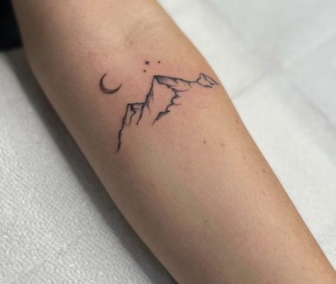 #tattoo Washington Mountain Tattoo, Mountain And Space Tattoo, White Mountain Tattoo, Canadian Rockies Tattoo, Mountain And Stars Tattoo Acotar, Climb The Mountain Tattoo, Lake Tahoe Tattoo Ideas, Mountain Tattoo Above Knee, Small Nature Tattoos For Women