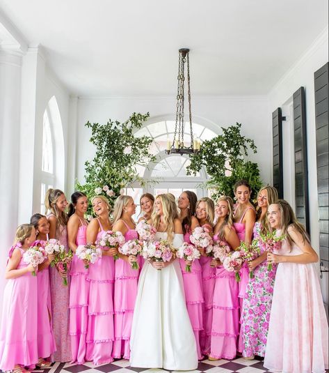 Multiple Bridesmaid Colors, Springtime Wedding Colors, Colorful Wedding Ideas Bright, Blue Bridesmaid Dresses With Pink Flowers, Wedding Bridesmaid Dresses Different Colors, Southern Preppy Wedding, Pink And Navy Blue Wedding Theme, Wedding Colors For June, Summer Wedding Party Colors