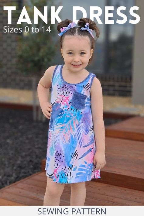 Tank Dress sewing pattern (Sizes 0 to 14). This Tank Dress is an easy-fit A-line dress designed for comfort. It’s ideal for throwing over swimmers or for running through the sprinkler on a hot summer’s day! This pattern comes with lots of options. There are 3 lengths, 2 back styles, splicing options, and a decorative pocket option. SewModernKids Simple Dress Pattern Free, Smurf Costume, Sleeveless Dress Pattern, Tank Dress Pattern, Toddler Girl Outfits Summer, Kids Summer Dresses, Shift Dress Pattern, Kids Tank Tops, Tank Top Pattern