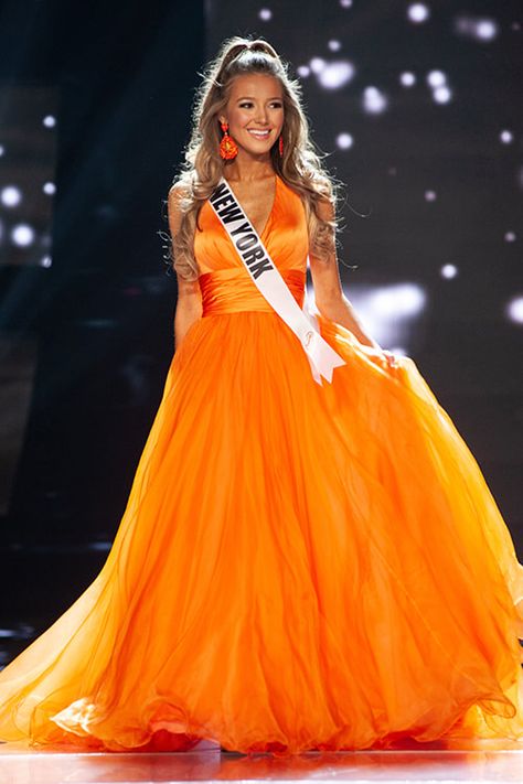 miss new york teen usa 2019 evening gown Pagent Dresses For Women, Pagent Dresses, Pageant Dresses For Teens, Pageant Evening Gowns, Orange Gown, Pageant Life, Miss Teen, Miss Teen Usa, Pageant Girls