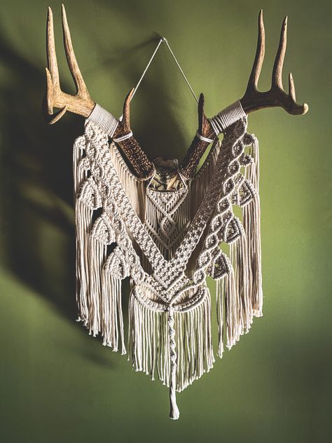 #Macrame #Skull #DeerShed #Camo #Knots #MacrameWallHanging #LayeredMacrame #LargeMacrame #Boho #Decor #BohoDecor Macrame Tattoo Ideas, Elk Antler Macrame, Deer Antler Macrame Wall Hanging, Antlers Macrame, Macrame Skull Wall Hanging, Macrame On Antlers, Deer Skull Macrame, Macrame Antlers Wall Hangings, Antler Macrame Wall Hangings