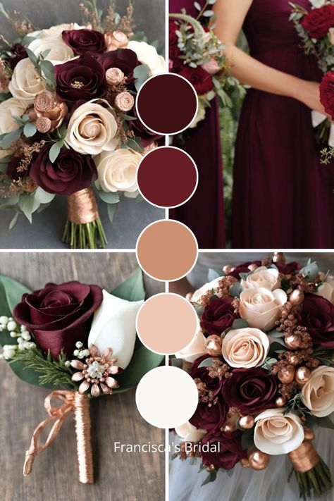 Gem Colored Wedding, Fall Wedding Colour Palettes, Fall Color Wedding Scheme, Wedding Pallet Ideas Colour Schemes, October Wedding Colors Schemes, Burgundy And Dusty Rose Wedding, Burgundy And Rose Gold Wedding, Fall Wedding Colors Red, Red Wedding Color Palette