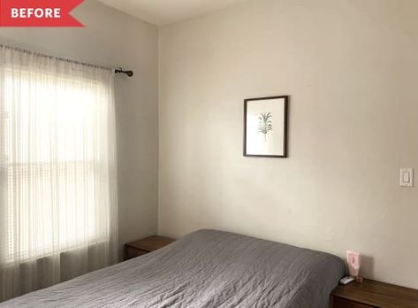 Before: Sparse bedroom with tan walls Boring Bedroom, Wall Bedroom Diy, Cool Headboards, Faux Headboard, Home Makeovers, Tan Walls, Space Beautiful, Accent Wall Paint, Slatted Headboard