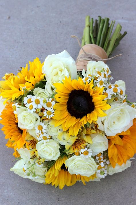 Celebration Flair: Summery Sunflowers Michelle + James Yellow Wedding Bouquet, Red Bridal Bouquet, Yellow Wedding Theme, Sunflowers And Roses, Sunflower Wedding Bouquet, Fall Wedding Bouquets, Diy Wedding Flowers, Trendy Flowers, Yellow Wedding