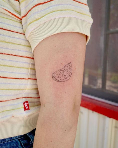 Orange Wedge Tattoo, Lime Tattoo Small, The Orange By Wendy Cope Tattoo, Citrus Slice Tattoo, Orange Segment Tattoo, Orange Slice Tattoo Small, Half Orange Tattoo, Orange Peel Tattoo, Fruity Tattoos