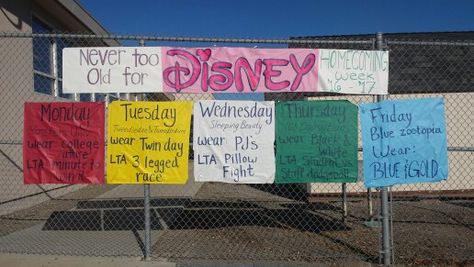 Homecoming Week at AGHS "Never Too Old For Disney" theme Disney Homecoming, School Spirit Ideas Pep Rally, Never Too Old For Disney, Spirit Day Ideas, Rally Idea, Homecoming Floats, Homecoming Spirit Week, School Spirit Week, Homecoming Themes