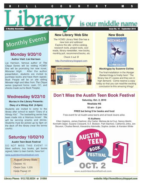 HCMS LIBRARY: NEWSLETTER Library Newsletter Template, Library Newsletter Ideas, Library Newsletter, Librarian Ideas, Library Assistant, Library Marketing, Storytime Ideas, Library Programming, Future Library