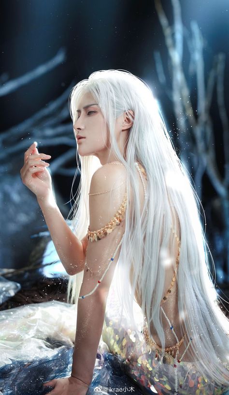 Mermaid With White Hair, Angel Pose Reference Male, Merman Cosplay, Mermaid Male, Desharow Merman, Silver Hair Men, Anime Boy Long Hair, Long Platinum Blonde, Male Mermaid