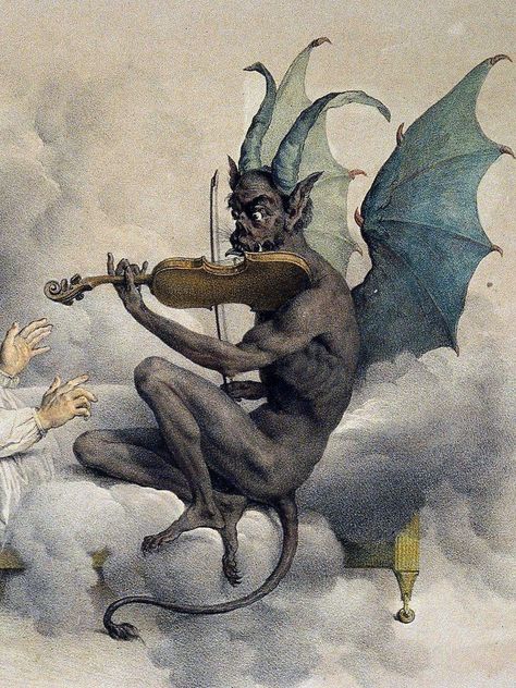 “Tartini's Dream” (detail, color) by Louis-Léopold Boilly. Illustration of the legend behind Giuseppe Tartini's “Devil's Trill Sonata” ~ 1824 Burning Background, Medieval Paintings, Arte Peculiar, Arte Robot, Occult Art, Demon Art, Fairytale Art, Medieval Art, Gothic Art