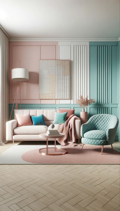 This living space showcases a blend of modern aesthetics with soft pastel colors. The blush pink sofa, draped with a striped throw blanket, creates a cozy seating area, while the quilted turquoise accent chair offers an additional touch of luxury. The rose gold floor lamp casts a gentle glow, complementing the textured wall art piece that adds depth and character to the room. Blush Pink Sofa, Turquoise Accent Chair, Zen Room Decor, Cozy Seating Area, Blush Pink Decor, Gold Floor, Striped Throw Blanket, Modern Farmhouse Living, Zen Room