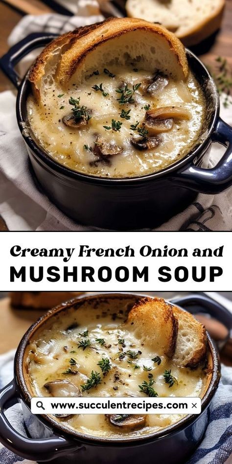 Indulge in a rich, creamy French onion soup with a twist—earthy mushrooms add depth and flavor to this cozy favorite. Onion Soup With Mushrooms, French Onion And Mushroom Soup, Mushroom And Onion Soup Recipes, Creamy French Onion And Mushroom Soup, French Onion Mushroom Soup, Onion And Mushroom Soup, Mushroom Onion Soup, Onion Mushroom Soup, Cottage Cooking