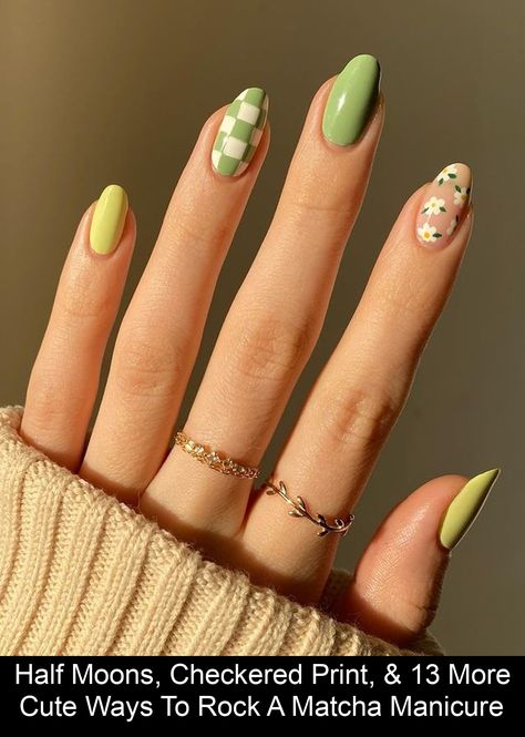 Nail artists share 15 green matcha nail art ideas, including French tips, checkered print, and asymmetrical designs. Matcha Nail Art, Matcha Nail, Matcha Nails, Nail Pics, Half Moons, Green Nail Designs, Green Nail, Cute Acrylic Nail Designs, Nail Idea