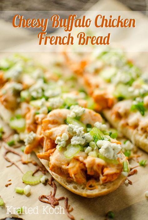 Easy Appetizer Ideas for New Years Eve from The Food Charlatan Buffalo Chicken Bread, Chicken French Bread, 15 Minute Meals Dinners, Cheesy Buffalo Chicken, Chicken French, Bruschetta Bar, Breakfast Cake Recipes, French Bread Loaf, Spicy Buffalo Chicken