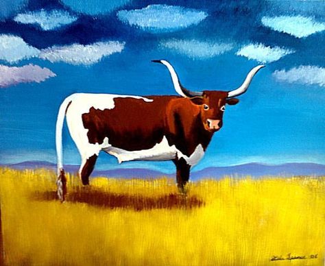 Longhorn With Flowers Drawing, Easy Longhorn Painting, Texas Longhorn Painting Easy, Long Horn Paintings, Longhorn Bull Painting, Longhorn Cow, Cute Canvas Paintings, Cow Painting, Cute Canvas