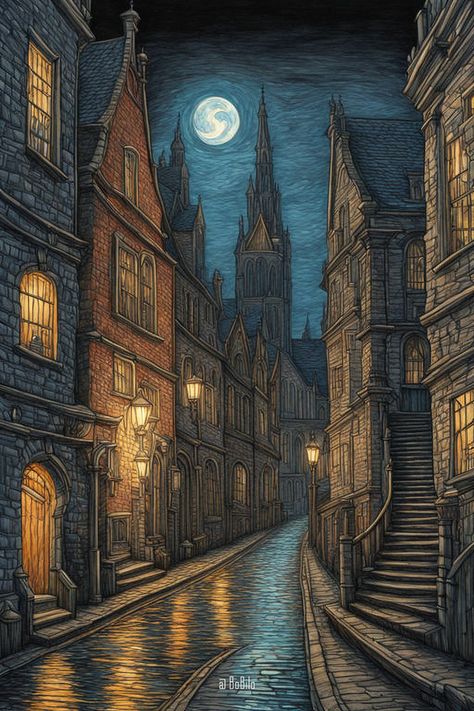 A Nightscape of a Gothic City Inspired by Edinburgh Gothic City, Gothic Cathedral, Witchy Wallpaper, Cathedral City, Gothic Design, City Illustration, Gothic Architecture, Ancient Architecture, Gothic Art