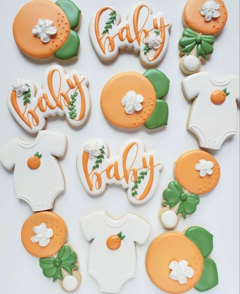 Little Cutie Cookies, Citrus Party, Gender Reveal Party Food, Cutout Cookie, Baby Surprise, Orange Citrus, Twins Baby, Simple Cake, Shower Cookies