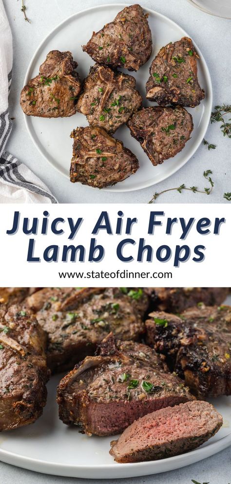 Top photo is 6 lamb chops on a plate garnished with parsley, and bottom has a piece sliced off showing pink center. Air Fryer Lamb Chops, Easy Lamb Chop Recipes, Easy Lamb Chops, Air Fryer Lamb, Lamb Loin Chop Recipes, Garlic Lamb Chops, Cooking Lamb Chops, Lamb Marinade, Lamb Loin Chops