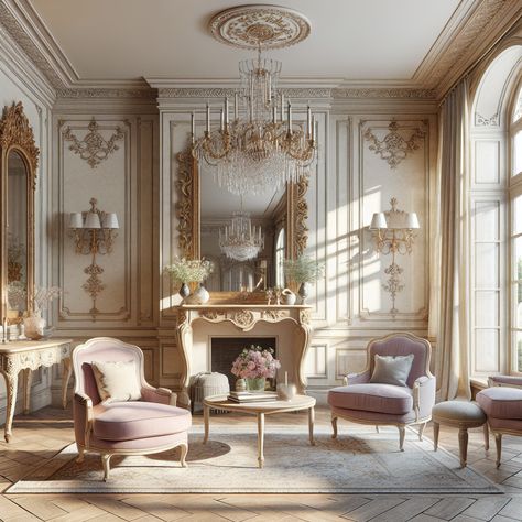 Against an off-white wall, there should be an ornate, gilded mirror and a pair of upholstered armchairs in pastel tones. A cream-colored rug should be on an old, polished oak floor. In the center, there should be a distressed wood coffee table. A graceful crystal chandelier should hang in the middle with ample natural light streaming in from tall French windows. The overall color palette should be soft and neutral, with touches of gold accents and pastel hues. Royal Living Room Aesthetic, Old European Interior Design, Chateau Living Room, Classicism Interior, Easy Kitchen Organization, Living Room Victorian, Diy Kitchen Storage Ideas, Castle Life, Fancy Apartment