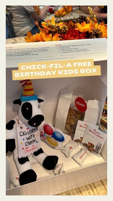 The Desert Stories on Instagram: "‼️ KIDS FREE CHICK-FIL-A BIRTHDAY BOX‼️ DID YOU KNOW⁉️ 🐮 SAVE AND SHARE WITH A FRIEND 🐮 We went to Chick-fil-A for my daughters birthday lunch and they gave her a free BIRTHDAY BOX! 🐮 Chick-fil-A Cow Stuffy 🐮 Chocolate chip cookie 🐮 TWO free kids meal vouchers Thanks Chick-fil-A for helping celebrate our daughters birthday. 🎉 ✳️All stores may vary on based on the managers. Ask what they do for kids birthdays! ✳️ #chickfila #kidsbirthdays #birthdayfr Chic Fila First Birthday, Chick Fil A Gift Basket, Chick Fil A First Birthday Party, Chick Fil A Birthday Party, Chickfila Party, Chick Fil A Party, Chick Fil A Birthday, Farmers Market Birthday Party, Lil Nugget