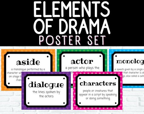 "Looking for a way to spruce up your drama unit? These eye-catching posters will help illustrate the theater vocabulary terms that your students will need to know: drama comedy tragedy script characters dialogue monologue actor aside stage directions act scene intermission props costumes set stage house delivery project emote This is a set of 23 posters (8.5\" x 11\").  Enjoy and thanks for looking!" Drama Vocabulary, Vocabulary Bulletin Boards, Stage Directions, Elements Of Drama, Drama Masks, Board Signs, Comedy And Tragedy, Information Poster, The Theater