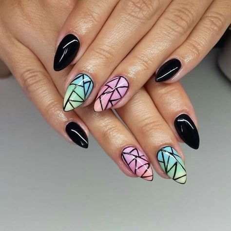 Almond shaped nails are a classic color so you should pick some classic colors to paint them but you can always add a burst of color! Nagel Stamping, Black And White Nail, Witchy Nails, Halloween Acrylic Nails, October Nails, Glamour Nails, Grunge Nails, Geometric Nail, Short Nails Art