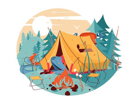 Woman searching in hike tent near bonfire by Kit8 on Dribbble Tent Drawing, Sun Background, Adobe Illustrator Vector, Girl Character, Landscape Illustration, Flat Illustration, Book Illustration, Minimalist Art, Campfire