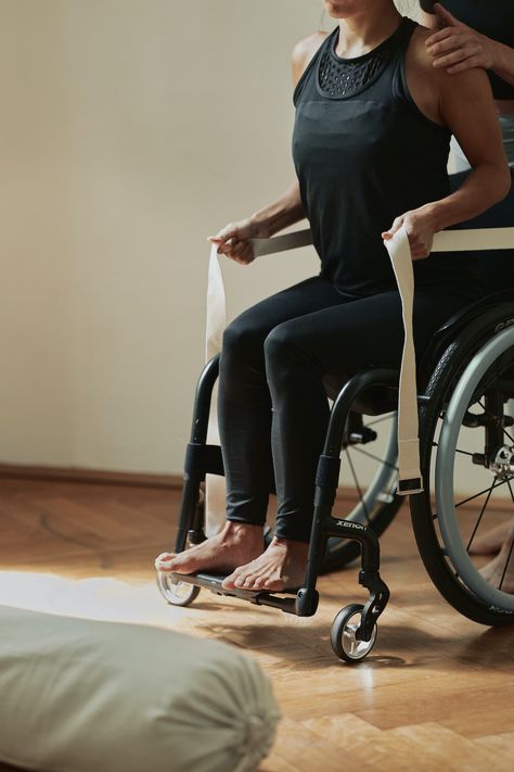 Yoga For Disabled People, Wheelchair Yoga, Adaptive Yoga, Oversize Denim Jacket, Baggy Jean Shorts, Seated Exercises, Adaptive Sports, Forward Bend, Chair Pose