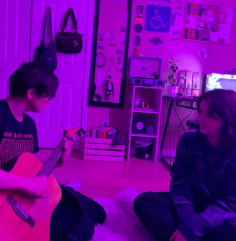 Guitar Date Aesthetic, Musical Couple Aesthetic, Guitar Bf Aesthetic, Couple Guitar Aesthetic, Couple Music Aesthetic, Couple With Guitar Aesthetic, Purple Guitar Aesthetic, Purple Romance Aesthetic, Guitar Couple Aesthetic