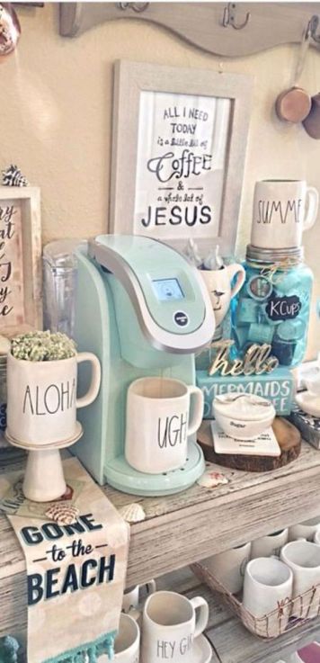 Beach Themed Coffee Bar Costal Farmhouse, Mini Coffee Bar, Mini Cafeteria, Office Coffee Bar, Cottage Kits, Coin Café, Beach Coffee, Coffee Bar Ideas, Farmhouse Coffee Bar