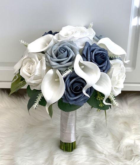 Cream Peony Bouquet, Bouquet Blue And White, Ivory Peony Bouquet, Blue And White Bridal Bouquet, Dusty Blue Bouquet, Navy Blue Bouquet, White Calla Lily Bouquet, Elegant Wedding Bouquets, Bridal Bouquet Blue