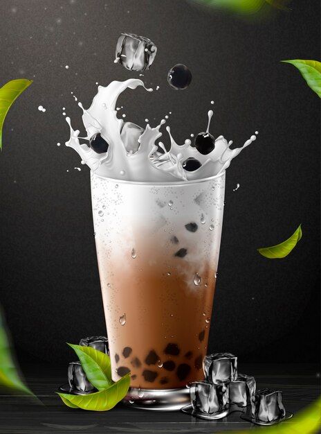 Boba tea element with splashing milk in ... | Premium Vector #Freepik #vector #background #poster #summer #leaf Matcha Iced Tea, Kombucha Bottles, Bubble Tea Flavors, Iced Tea Drinks, Milk Tea Recipes, Tea Restaurant, Green Tea Ice Cream, Tea Illustration, Iced Green Tea