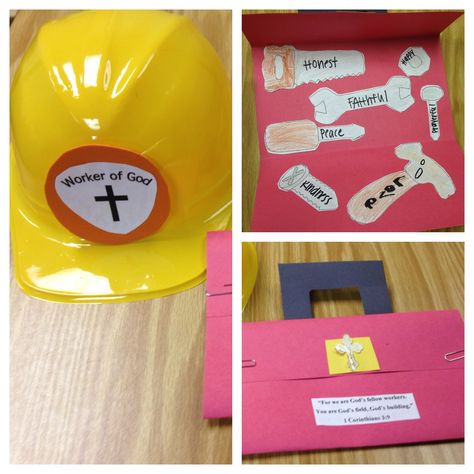 Workers of God craft! 1 Corinthians 3:9 Construction hat and a Christian toolbox! Construction Bible School Theme, Construction Vbs Crafts, Construction Vbs, Preschool Construction, Vacation Bible School Craft, Children's Church Crafts, Construction Crafts, Preschool Bible, Construction Theme