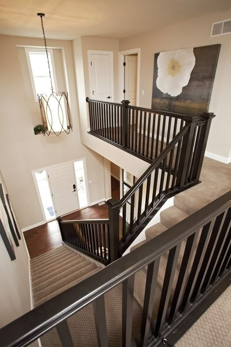 Entry way stairs Stair Railing Makeover, Painted Staircases, Stair Banister, Iron Stair Railing, Pulte Homes, Staircase Remodel, Staircase Makeover, Stair Remodel, Painted Stairs