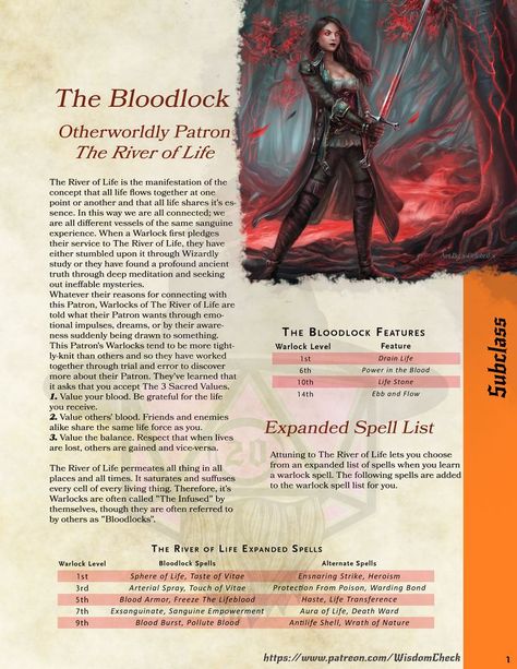 Download the Free printer-friendly PDF for the River of Life Patron "Bloodlock" here:
https://www.patreon.com/posts/warlock-subclass-72740651 Warlock Patrons 5e, Warlock 5e, Dnd Feats, Warlock Dnd, River Of Life, Blood Mage, Dnd Stories, D D Classes, Dnd Classes