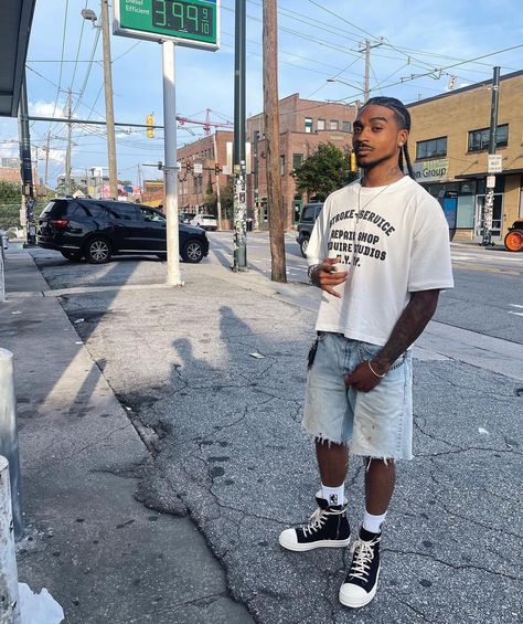 Black Men Streetwear, Drip Fashion, City Streetwear, Denim Bracelet, Braids Cornrows, Summer Outfits Men Streetwear, Men Street Fashion, Mens Shorts Outfits, Trendy Boy Outfits