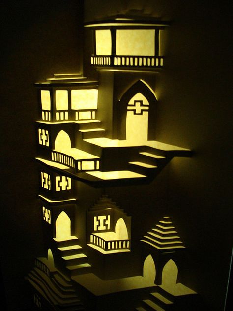 Ascent (Windows Lit) by Crackpot Papercraft, via Flickr - Origami Architecture in a Cool Way Kirigami Templates, Arte Pop Up, Origami Templates, Origami Architecture, Libros Pop-up, Paper Architecture, Origami And Kirigami, Pop Up Art, Paper Engineering